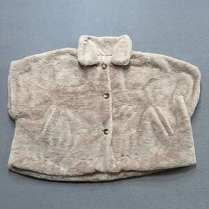 NEW Modena Faux Fur Cape Jacket Women's S/M Beige Button Front Plush Cozy Chic